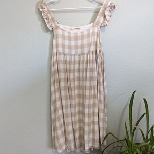 Midi POKET Dress, tan checkered print and ruffle shoulder straps, size M